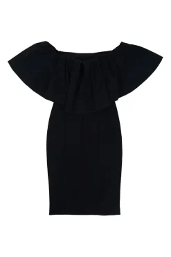 Black polyester-blend off-shoulder ruffle sheath dress with side slit