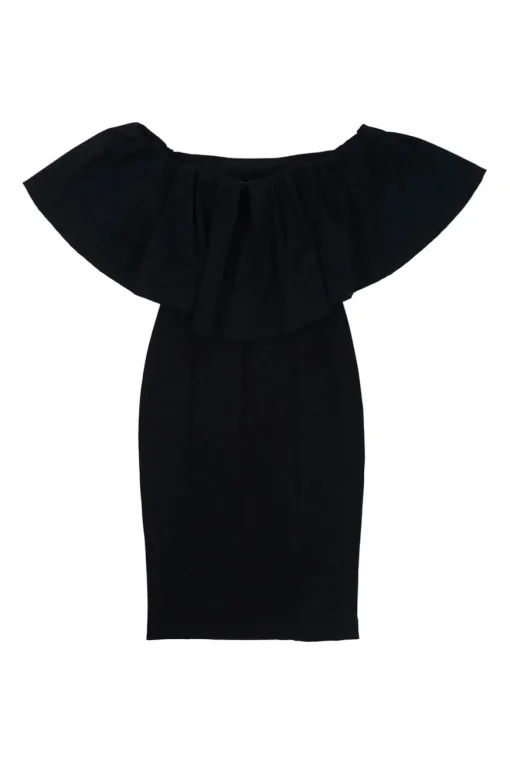 Black polyester-blend off-shoulder ruffle sheath dress with side slit