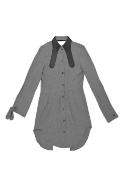 Black polyester-blend pinwheel houndstooth knot-back shirt dress with rounded leather dagger collar