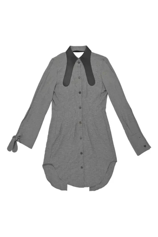 Black polyester-blend pinwheel houndstooth knot-back shirt dress with rounded leather dagger collar