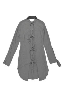Black polyester-blend pinwheel houndstooth knot-back shirt dress with rounded leather dagger collar