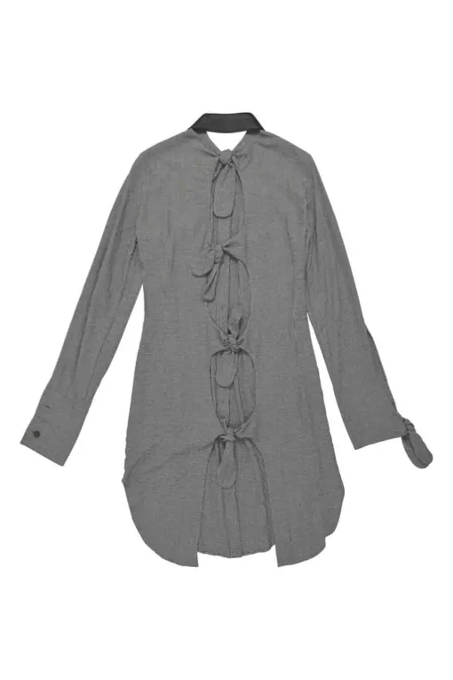 Black polyester-blend pinwheel houndstooth knot-back shirt dress with rounded leather dagger collar