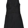 Black polyester-blend plunge neck plissé A-line knee-length dress with cinched waist