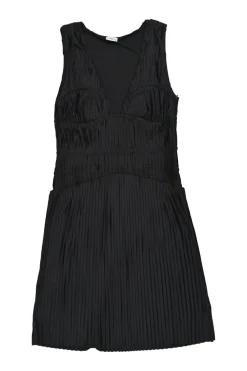 Black polyester-blend plunge neck plissé A-line knee-length dress with cinched waist