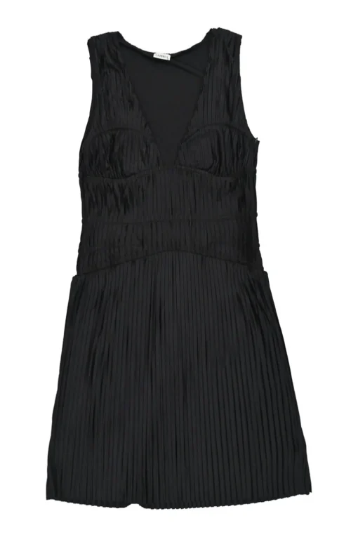 Black polyester-blend plunge neck plissé A-line knee-length dress with cinched waist