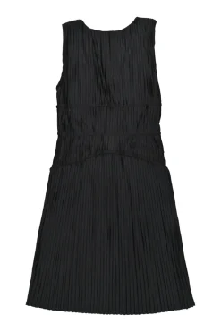Black polyester-blend plunge neck plissé A-line knee-length dress with cinched waist