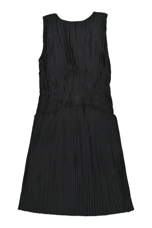 Black polyester-blend plunge neck plissé A-line knee-length dress with cinched waist