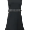 Black polyester-blend sleeveless flounce hem sheath dress with studded adjuster waistband
