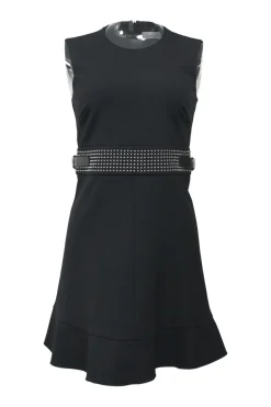 Black polyester-blend sleeveless flounce hem sheath dress with studded adjuster waistband