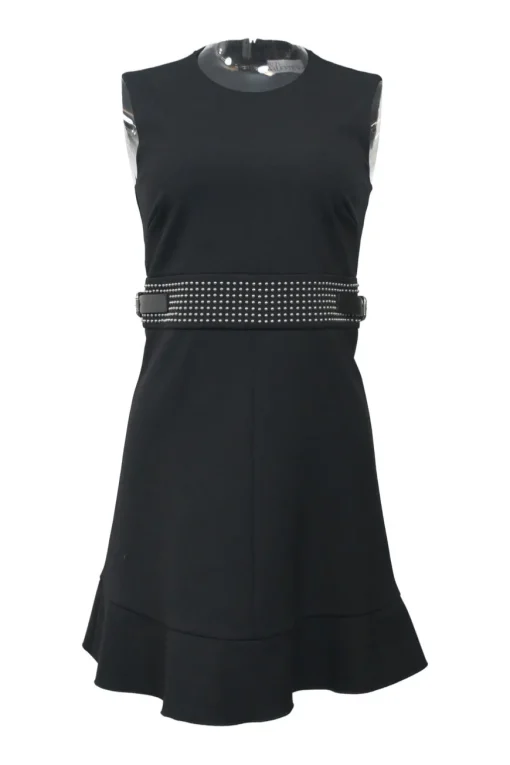 Black polyester-blend sleeveless flounce hem sheath dress with studded adjuster waistband