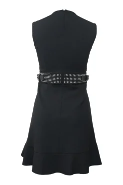 Black polyester-blend sleeveless flounce hem sheath dress with studded adjuster waistband