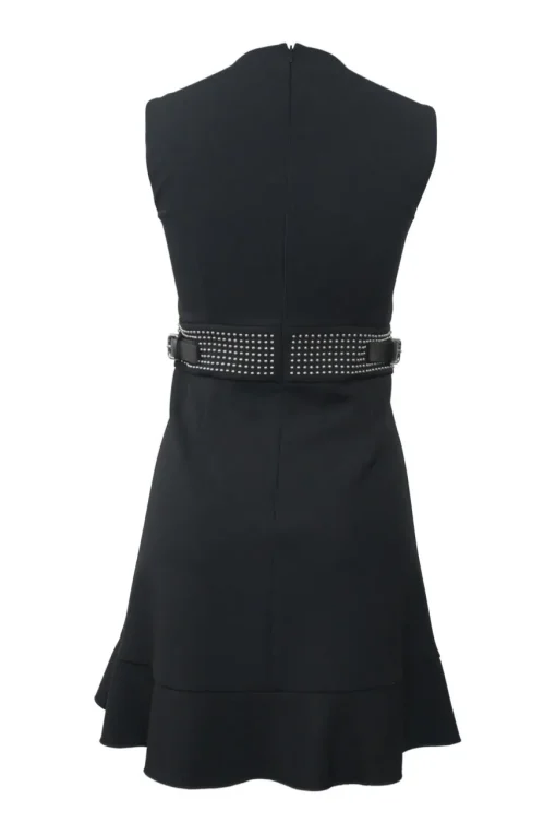 Black polyester-blend sleeveless flounce hem sheath dress with studded adjuster waistband