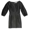 Black polyurethane-blend faux leather bateau neck mini dress with keyhole back with blouson sleeves