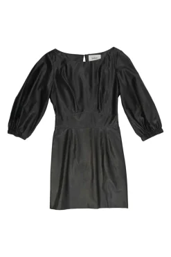Black polyurethane-blend faux leather bateau neck mini dress with keyhole back with blouson sleeves