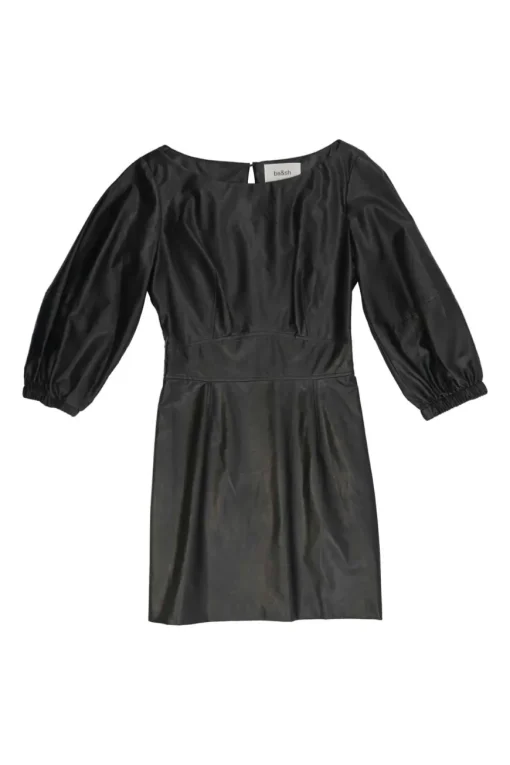Black polyurethane-blend faux leather bateau neck mini dress with keyhole back with blouson sleeves