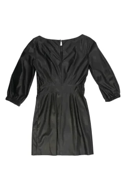 Black polyurethane-blend faux leather bateau neck mini dress with keyhole back with blouson sleeves