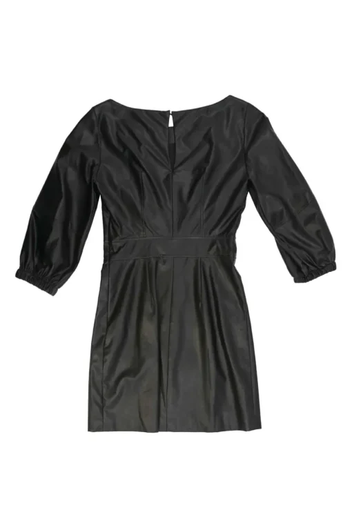 Black polyurethane-blend faux leather bateau neck mini dress with keyhole back with blouson sleeves