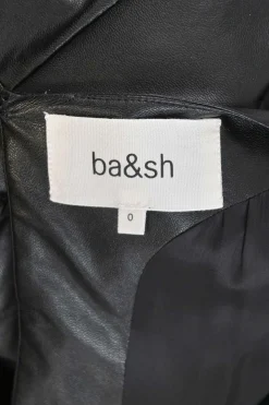 Black polyurethane-blend faux leather bateau neck mini dress with keyhole back with blouson sleeves