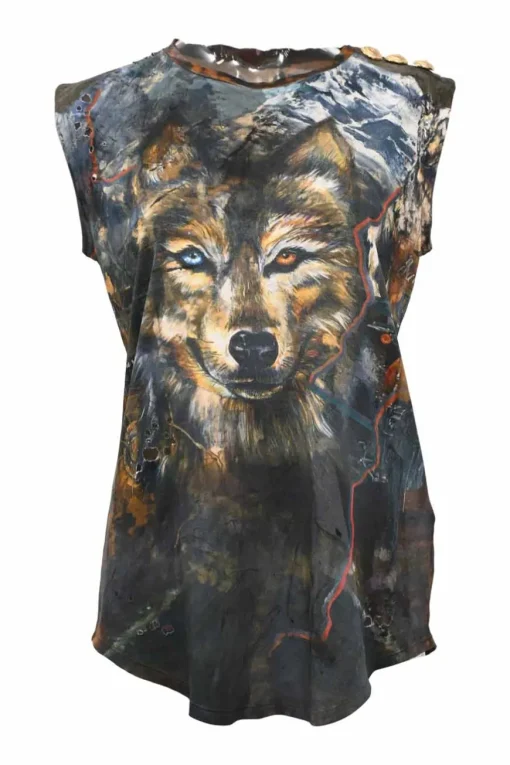 Black printed cotton jersey knit muscle tee featuring wolf motif and shoulder line shank button appliqué