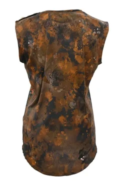 Black printed cotton jersey knit muscle tee featuring wolf motif and shoulder line shank button appliqué