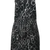 Black quilted silk chainlink foulard print pinafore mini dress with criss-cross back