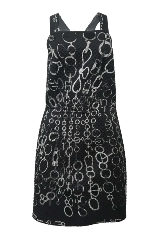 Black quilted silk chainlink foulard print pinafore mini dress with criss-cross back