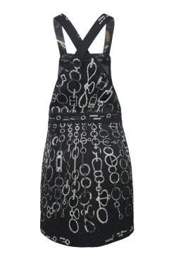 Black quilted silk chainlink foulard print pinafore mini dress with criss-cross back