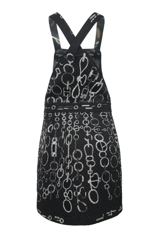 Black quilted silk chainlink foulard print pinafore mini dress with criss-cross back