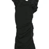 Black raw edge cotton ruched mini dress with plissé flutter sleeves