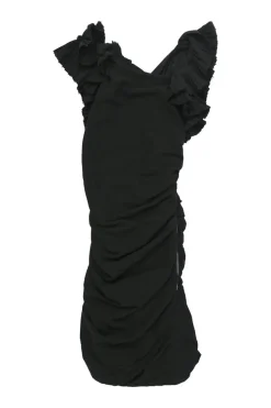 Black raw edge cotton ruched mini dress with plissé flutter sleeves