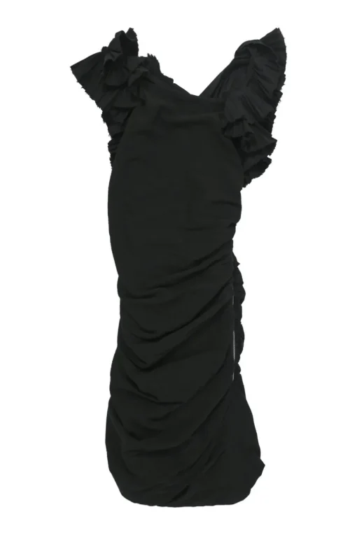 Black raw edge cotton ruched mini dress with plissé flutter sleeves
