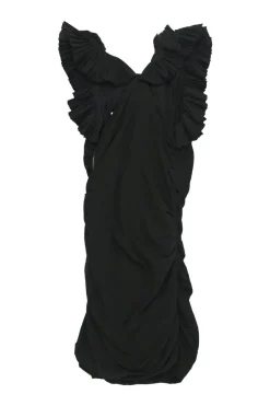 Black raw edge cotton ruched mini dress with plissé flutter sleeves