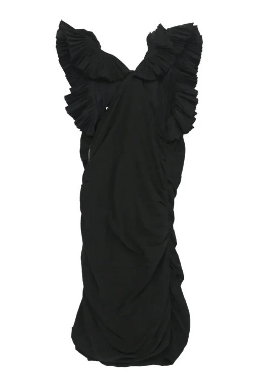 Black raw edge cotton ruched mini dress with plissé flutter sleeves