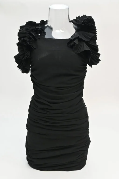 Black raw edge cotton ruched mini dress with plissé flutter sleeves