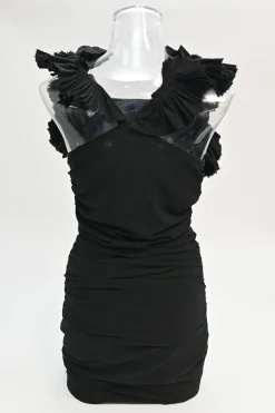 Black raw edge cotton ruched mini dress with plissé flutter sleeves