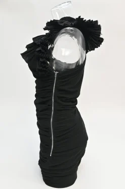 Black raw edge cotton ruched mini dress with plissé flutter sleeves