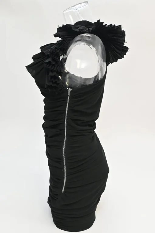 Black raw edge cotton ruched mini dress with plissé flutter sleeves