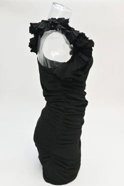 Black raw edge cotton ruched mini dress with plissé flutter sleeves