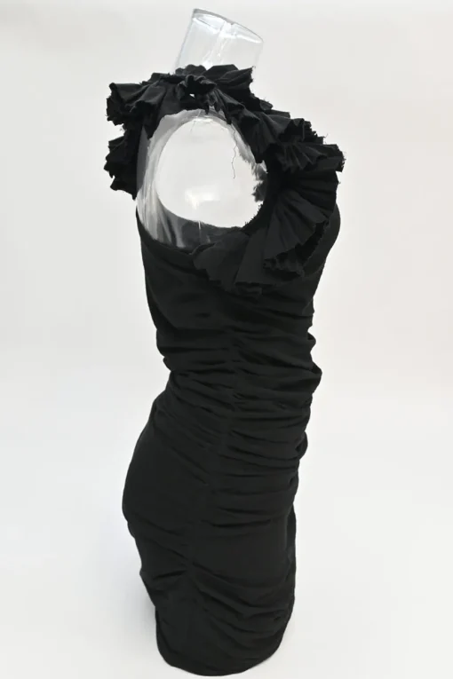 Black raw edge cotton ruched mini dress with plissé flutter sleeves
