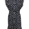 Black raw-edge cotton point collar sleeveless utility ruffled shirt dress featuring Trompe L'œil Coco Mark matelassé motif