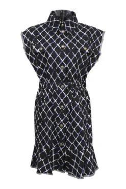 Black raw-edge cotton point collar sleeveless utility ruffled shirt dress featuring Trompe L'œil Coco Mark matelassé motif