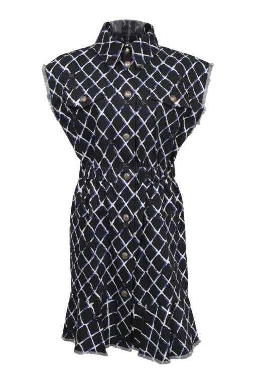Black raw-edge cotton point collar sleeveless utility ruffled shirt dress featuring Trompe L'œil Coco Mark matelassé motif