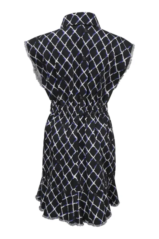 Black raw-edge cotton point collar sleeveless utility ruffled shirt dress featuring Trompe L'œil Coco Mark matelassé motif