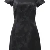 Black rayon floral jacquard scoop neck cap sleeve A-line mini dress