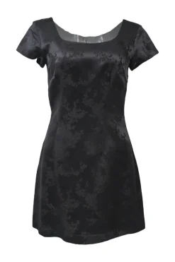 Black rayon floral jacquard scoop neck cap sleeve A-line mini dress