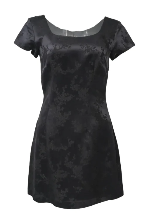 Black rayon floral jacquard scoop neck cap sleeve A-line mini dress