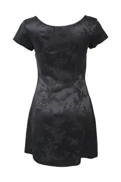 Black rayon floral jacquard scoop neck cap sleeve A-line mini dress