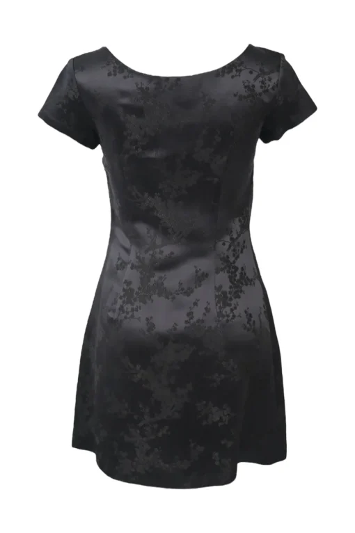 Black rayon floral jacquard scoop neck cap sleeve A-line mini dress