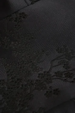 Black rayon floral jacquard scoop neck cap sleeve A-line mini dress