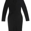 Black rayon-blend drop-stitch pointelle knit long sleeve sheath dress